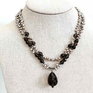 925 Sterling Silver Vintage Smoky Quartz Freshwater Pearl Double Strand Necklace